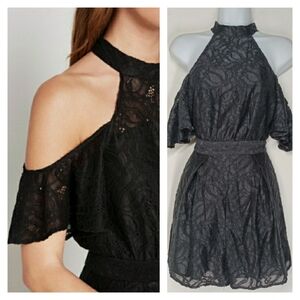 BCBGENERATION Black Lace Romper with Open/Cold Shoulders NWT 6 Small